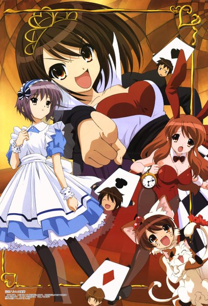 Anime picture 3476x5115 with suzumiya haruhi no yuutsu alice in wonderland kyoto animation suzumiya haruhi nagato yuki alice (wonderland) asahina mikuru kyon koizumi itsuki cheshire cat queen of hearts shamisen (suzumiya haruhi) long hair tall image looking at viewer highres short hair breasts open mouth smile