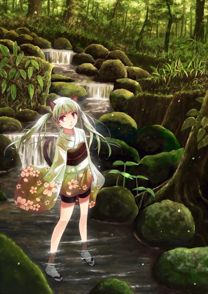 Anime-Bild 920x1300 mit original yakka single long hair tall image red eyes twintails animal ears tail traditional clothes japanese clothes animal tail green hair cat ears cat girl cat tail river girl plant (plants) tree (trees)