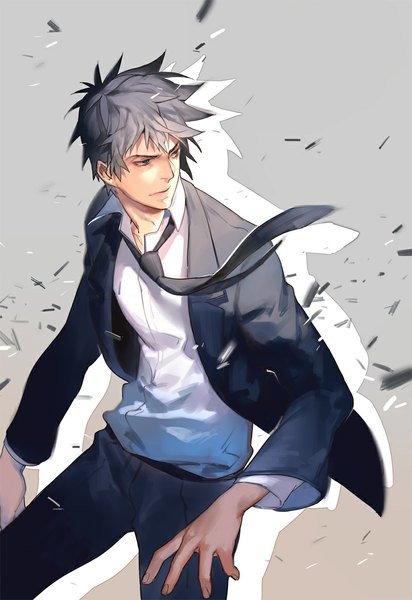 Anime picture 800x1163 with psycho-pass production i.g kougami shin'ya naked cat single tall image short hair simple background looking away wind grey hair grey background grey eyes boy necktie suit