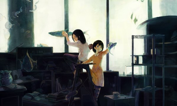Anime picture 2750x1650 with original hazime yuu (pixiv) highres blue eyes black hair smile wide image multiple girls from behind painting girl 2 girls book (books) fish (fishes) cup stairs