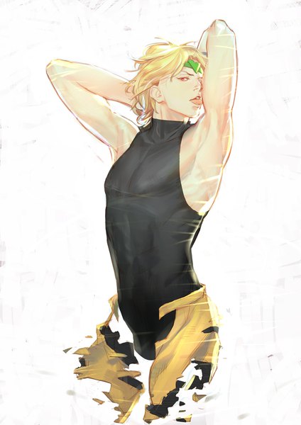 Anime picture 636x900 with jojo no kimyou na bouken dio brando krabat single tall image short hair open mouth light erotic simple background blonde hair standing white background upper body pink eyes arms up armpit (armpits) sleeveless turning head looking down arms behind head