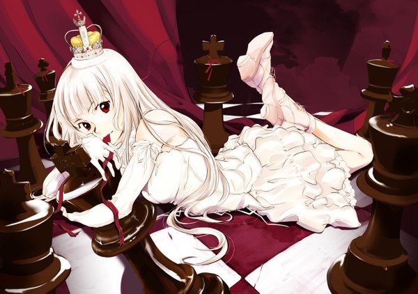 Anime picture 1280x901 with original dengeki hime takeshima satoshi single long hair looking at viewer fringe red eyes holding white hair lying mouth hold soles on stomach checkered floor girl dress gloves ribbon (ribbons) elbow gloves