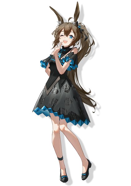 Anime picture 4581x6536 with arknights amiya (arknights) mrdaji single long hair tall image highres open mouth blue eyes simple background brown hair standing white background animal ears absurdres ahoge ponytail one eye closed wink shadow
