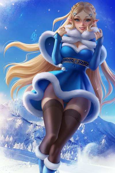 Anime picture 1333x2000 with the legend of zelda nintendo princess zelda olchas single long hair tall image looking at viewer blush breasts blue eyes light erotic blonde hair smile standing signed payot sky cleavage outdoors