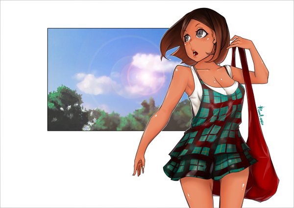 Anime picture 1402x992 with caooll (co-ohol) single blush short hair brown hair looking away grey eyes sleeveless girl dress bag