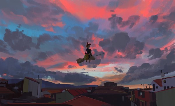 Anime picture 1400x851 with kiki's delivery service studio ghibli kiki jiji snatti short hair wide image holding bent knee (knees) outdoors evening sunset horizon flying girl dress bow shoes black dress building (buildings)