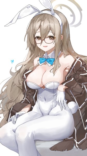 Anime picture 2120x3775 with blue archive akane (blue archive) akane (bunny girl) (blue archive) sentter single long hair tall image looking at viewer fringe highres breasts open mouth light erotic simple background blonde hair smile hair between eyes large breasts white background sitting