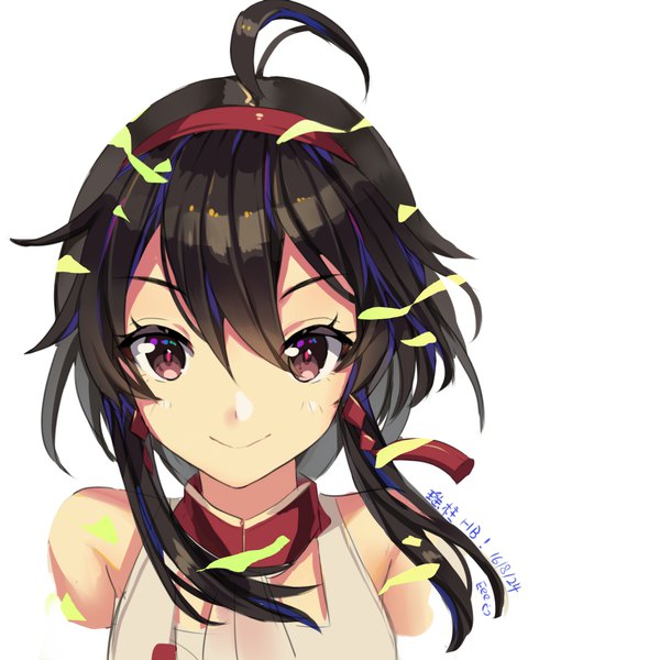 Anime picture 1181x1181 with vocaloid vocaloid china yuezheng ling duzie e single looking at viewer fringe short hair black hair simple background smile hair between eyes white background bare shoulders brown eyes signed ahoge floating hair dated portrait