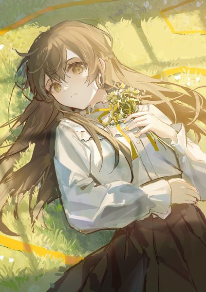 Anime picture 2117x3004 with original oyuyu single long hair tall image looking at viewer fringe highres hair between eyes brown hair brown eyes lying nail polish on back yellow nail polish girl flower (flowers) bouquet blouse