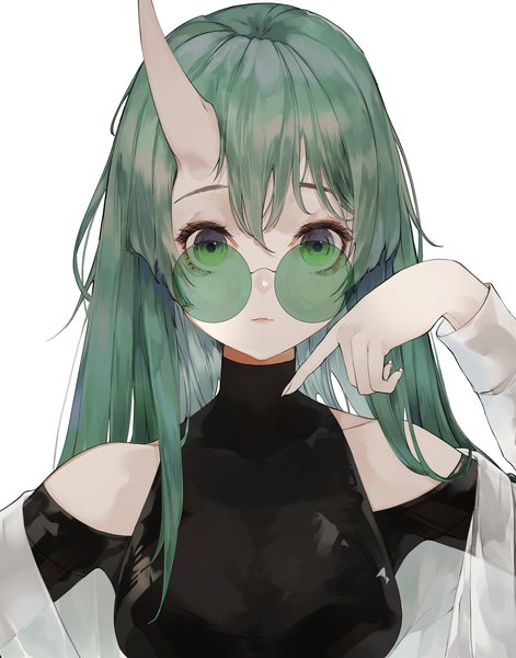 Anime picture 3354x4267 with arknights hoshiguma (arknights) mile (mil2) single long hair tall image looking at viewer highres simple background white background bare shoulders green eyes absurdres upper body horn (horns) green hair girl sunglasses turtleneck