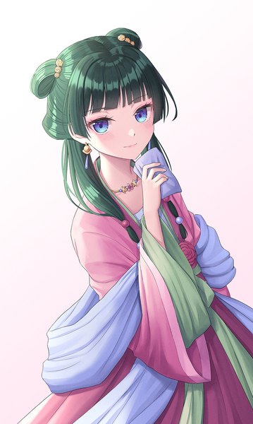 Anime picture 999x1668 with kusuriya no hitorigoto maomao (kusuriya no hitorigoto) seungju lee single long hair tall image looking at viewer fringe blue eyes simple background blunt bangs traditional clothes green hair from above light smile chinese clothes hair rings girl necklace