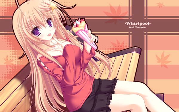 Anime picture 1920x1200 with meri chri whirlpool (studio) seiya mashiro mikagami mamizu highres blonde hair wide image purple eyes wallpaper skin tight skirt hair ornament star hair ornament bench