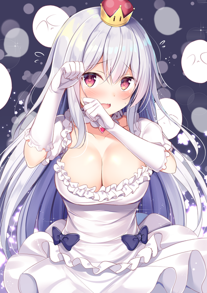 Anime picture 724x1024 with super mario bros. new super mario bros. u deluxe princess king boo boo (mario) tomoo (tomo) single long hair tall image looking at viewer blush fringe breasts open mouth light erotic hair between eyes large breasts payot cleavage silver hair upper body