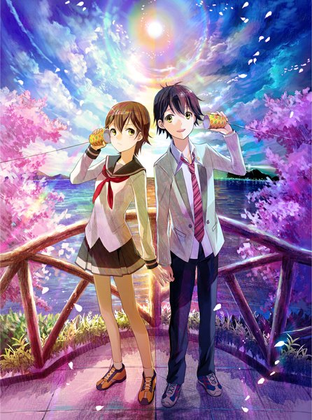 Anime picture 865x1162 with nerawareta gakuen sunrise (studio) suzuura natsuki seki kenji fuzichoco tall image short hair black hair brown hair standing green eyes blue hair cloud (clouds) sunlight couple cherry blossoms holding hands mountain lake girl