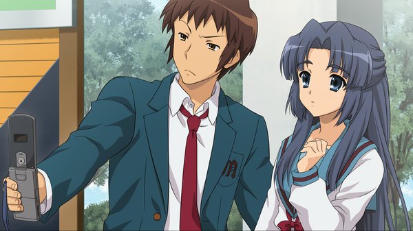 Anime picture 1920x1080 with suzumiya haruhi no yuutsu kyoto animation kyon asakura ryouko long hair highres short hair blue eyes brown hair wide image brown eyes blue hair game cg girl boy uniform school uniform mobile phone