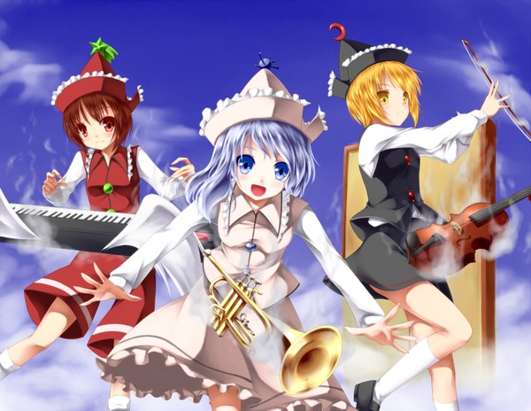 Anime picture 1600x1239 with touhou lunasa prismriver lyrica prismriver merlin prismriver sakura yuuya blush blue eyes blonde hair red eyes multiple girls yellow eyes blue hair red hair band girl 3 girls musical instrument violin bow (instrument)