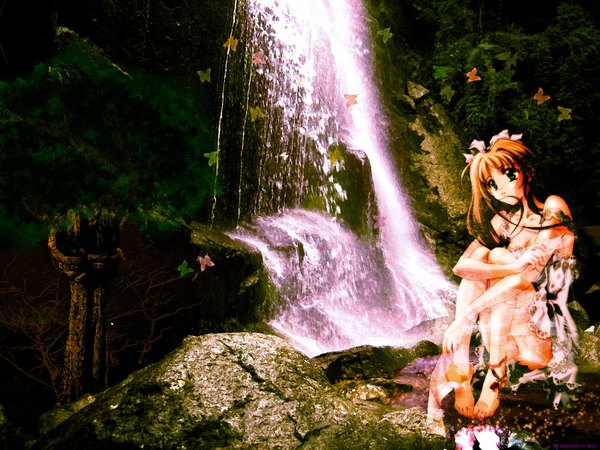 Anime picture 1600x1200 with original carnelian long hair brown hair sitting green eyes scenic rock waterfall girl dress ribbon (ribbons) plant (plants) hair ribbon tree (trees) water insect butterfly forest stone (stones)