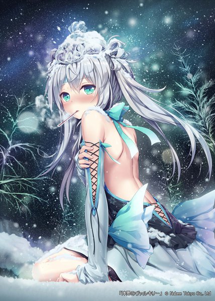 Anime picture 571x800 with shinkai no valkyrie boreas (shinkai no valkyrie) akkijin single long hair tall image looking at viewer blush fringe light erotic hair between eyes sitting bare shoulders holding silver hair aqua eyes night arm support night sky mouth hold