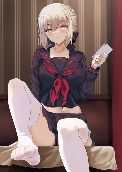Anime picture 827x1169 with fate (series) fate/stay night artoria pendragon (all) saber alter kesoshirou single tall image looking at viewer blush fringe short hair light erotic blonde hair hair between eyes sitting holding yellow eyes payot bent knee (knees) indoors