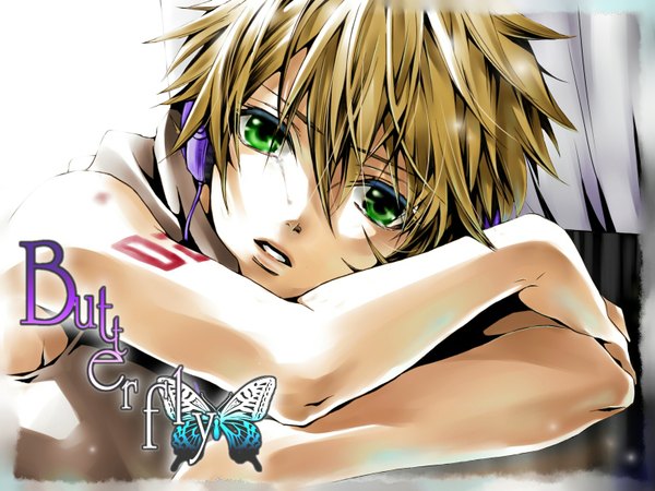 Anime picture 1536x1152 with vocaloid migikata no chou (vocaloid) kagamine len hakuseki single looking at viewer short hair open mouth blonde hair green eyes tattoo tears sad boy headphones insect butterfly