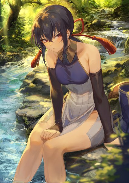 Anime picture 1592x2251 with guilt (game) mashuu (neko no oyashiro) single long hair tall image looking at viewer blush fringe breasts black hair hair between eyes red eyes sitting bare shoulders payot outdoors from above sunlight arm support sleeves past wrists