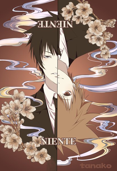 Anime-Bild 2031x2952 mit katekyou hitman reborn sawada tsunayoshi hibari kyouya tanako (645316096) tall image looking at viewer fringe highres short hair blue eyes black hair simple background smile hair between eyes brown hair brown eyes signed upper body parted lips inscription