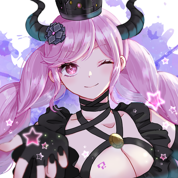 Anime picture 2400x2400 with master detective archives: rain code shinigami (rain code) hirochihiro single long hair looking at viewer highres breasts light erotic smile large breasts pink hair cleavage upper body braid (braids) nail polish one eye closed pink eyes horn (horns) wink
