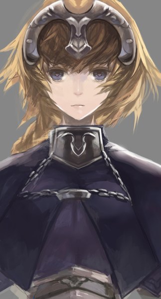 Anime picture 827x1535 with fate (series) fate/apocrypha fate/zero type-moon jeanne d'arc (fate) (all) jeanne d'arc (fate) swd3e2 single long hair tall image looking at viewer simple background blonde hair grey background grey eyes girl headdress armor gorget