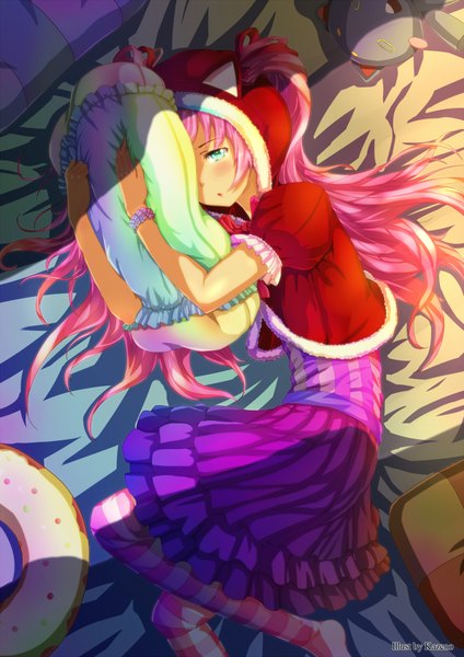 Anime picture 1446x2046 with original kazeno single long hair tall image blush blue eyes pink hair lying hug girl dress pillow hood