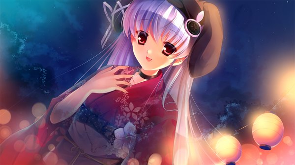 Аниме картинка 1280x720 с suika niritsu (game) длинные волосы красные глаза широкое изображение game cg белые волосы японская одежда девушка кимоно шапка