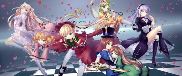 Anime picture 1500x629 with rozen maiden suigintou shinku suiseiseki souseiseki hina ichigo kirakishou kanaria zi se long hair short hair blue eyes blonde hair red eyes brown hair wide image twintails multiple girls green eyes silver hair