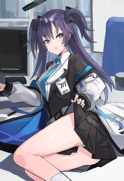 Anime picture 1100x1597 with blue archive yuuka (blue archive) the olphy single long hair tall image looking at viewer blue eyes light erotic purple hair lying pleated skirt :o two side up pantyshot on side girl skirt underwear panties