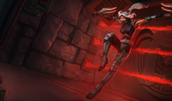 Anime picture 1215x717 with league of legends akali (league of legends) single long hair highres black hair wide image looking away silver hair ponytail midriff alternate costume jumping silver eyes fighting stance serious futuristic girl gloves weapon