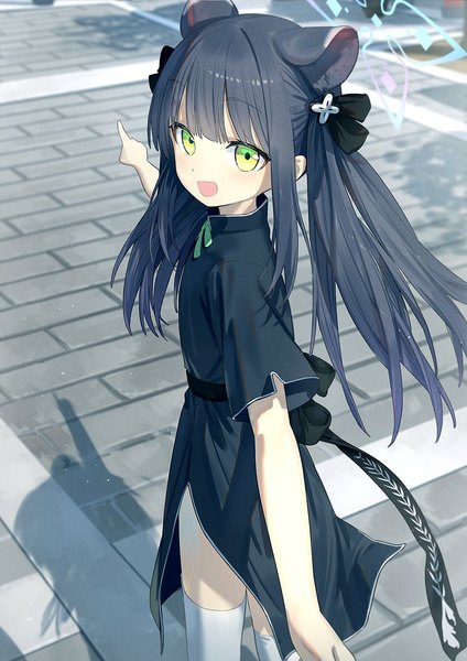 Anime picture 955x1351 with blue archive shun (blue archive) shun (small) (blue archive) wasabi60 single long hair tall image looking at viewer open mouth black hair twintails green eyes animal ears outdoors traditional clothes :d shadow chinese clothes pointing girl