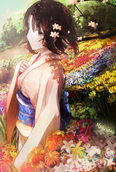 Anime picture 1164x1724 with kara no kyoukai type-moon ryougi shiki magicians (zhkahogigzkh) single tall image blush fringe short hair breasts smile brown hair standing signed looking away wide sleeves field girl flower (flowers) plant (plants)