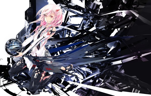 Anime picture 2000x1283 with guilty crown production i.g yuzuriha inori redjuice single long hair highres red eyes bare shoulders pink hair pink eyes no shoes girl hair ornament necktie hairclip bodysuit ball