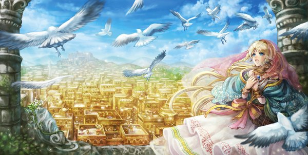 Anime picture 1014x512 with original chiko (d04099) long hair open mouth blue eyes blonde hair wide image sky cloud (clouds) cityscape landscape girl flower (flowers) earrings animal bracelet bird (birds) jewelry veil
