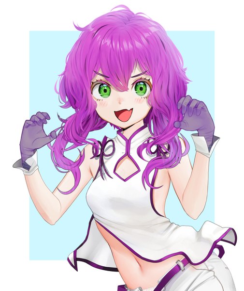 Anime picture 2952x3508 with original isabelle (acerailgun) jubi (regiana) single long hair tall image looking at viewer fringe highres breasts open mouth simple background smile hair between eyes green eyes purple hair fang (fangs) sleeveless happy side slit