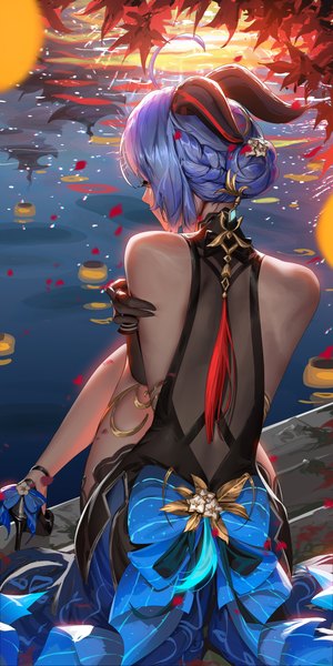 Anime picture 2000x4000 with genshin impact ganyu (genshin impact) ganyu (twilight blossom) (genshin impact) liang xing single tall image highres short hair sitting bare shoulders blue hair ahoge horn (horns) from behind hair bun (hair buns) high heels official alternate costume girl dress gloves