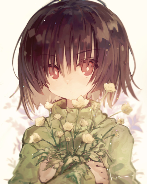 Anime picture 815x1020 with undertale chara (undertale) kasuga haruhi single tall image looking at viewer fringe short hair hair between eyes red eyes brown hair upper body androgynous flower (flowers) turtleneck bouquet