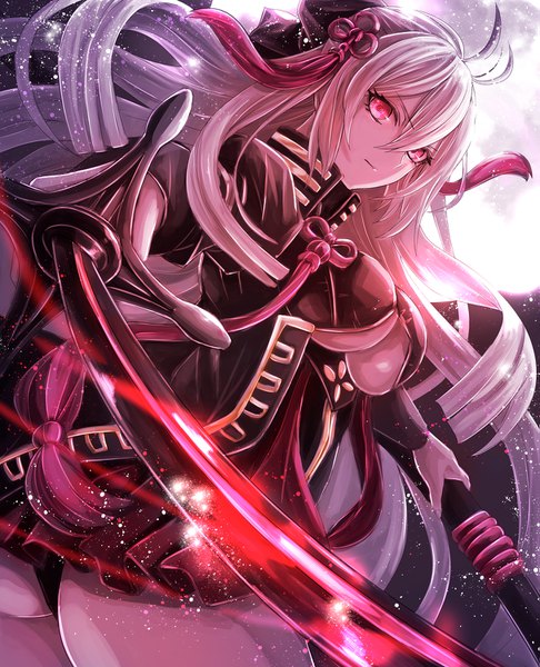 Anime picture 1215x1500 with fate (series) fate/grand order koha-ace okita souji (fate) (all) okita souji alter (fate) jan (lightdragoon) single tall image fringe breasts light erotic hair between eyes red eyes holding cleavage silver hair ahoge very long hair thighs floating hair