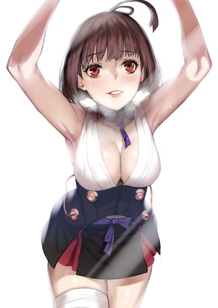 Anime picture 2480x3507 with koutetsujou no kabaneri wit studio mumei (kabaneri) deras single tall image blush fringe highres short hair breasts open mouth light erotic simple background smile red eyes brown hair large breasts standing white background