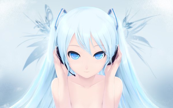 Anime picture 1600x1000 with vocaloid hatsune miku cait single long hair blue eyes wide image twintails bare shoulders aqua hair topless girl headphones