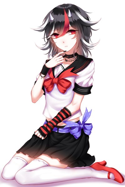Anime picture 1600x2400 with touhou kijin seija sheya single tall image looking at viewer fringe short hair black hair simple background hair between eyes red eyes white background sitting full body nail polish multicolored hair horn (horns) short sleeves high heels