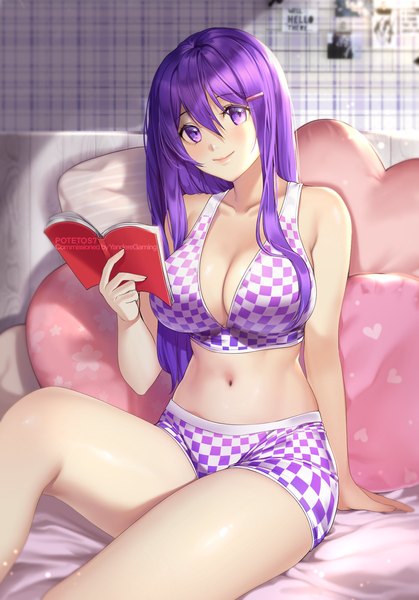 Anime picture 1421x2036 with doki doki literature club yuri (doki doki literature club) potetos7 single long hair tall image looking at viewer fringe breasts light erotic smile hair between eyes large breasts sitting purple eyes bare shoulders holding signed cleavage purple hair