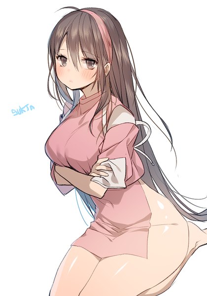 Anime picture 700x1000 with original sorolp single tall image looking at viewer blush fringe breasts light erotic simple background brown hair large breasts white background sitting brown eyes signed payot ahoge very long hair barefoot
