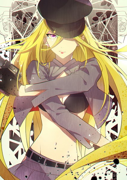 Anime picture 636x900 with noragami studio bones bishamonten (noragami) zxs1103 single tall image looking at viewer breasts light erotic blonde hair purple eyes holding cleavage very long hair pleated skirt lips bare belly groin crossed arms girl