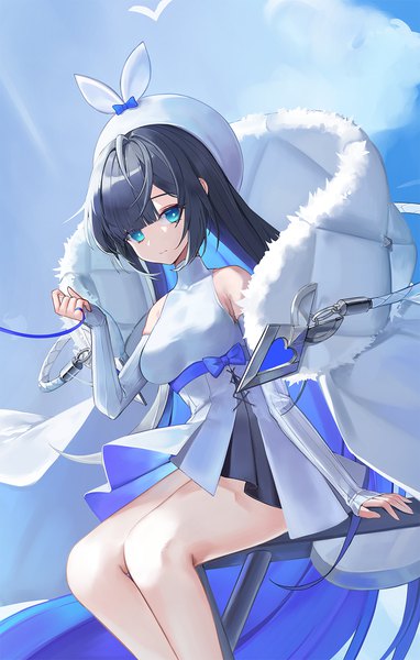 Anime picture 1000x1570 with original laevan single tall image looking at viewer fringe blue eyes black hair sitting bare shoulders bent knee (knees) blunt bangs long sleeves very long hair multicolored hair arm support sleeves past wrists colored inner hair girl dress