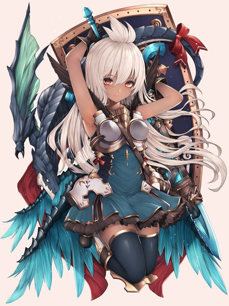 Anime picture 1500x2000 with granblue fantasy the order grande snm (sunimi) single long hair tall image looking at viewer blush fringe breasts simple background hair between eyes holding silver hair full body bent knee (knees) light smile arms up armpit (armpits) orange eyes