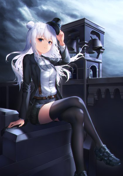 Anime picture 2100x2998 with original anje2555 single long hair tall image looking at viewer fringe highres blue eyes smile hair between eyes sitting cloud (clouds) full body outdoors white hair long sleeves arm up wind arm support